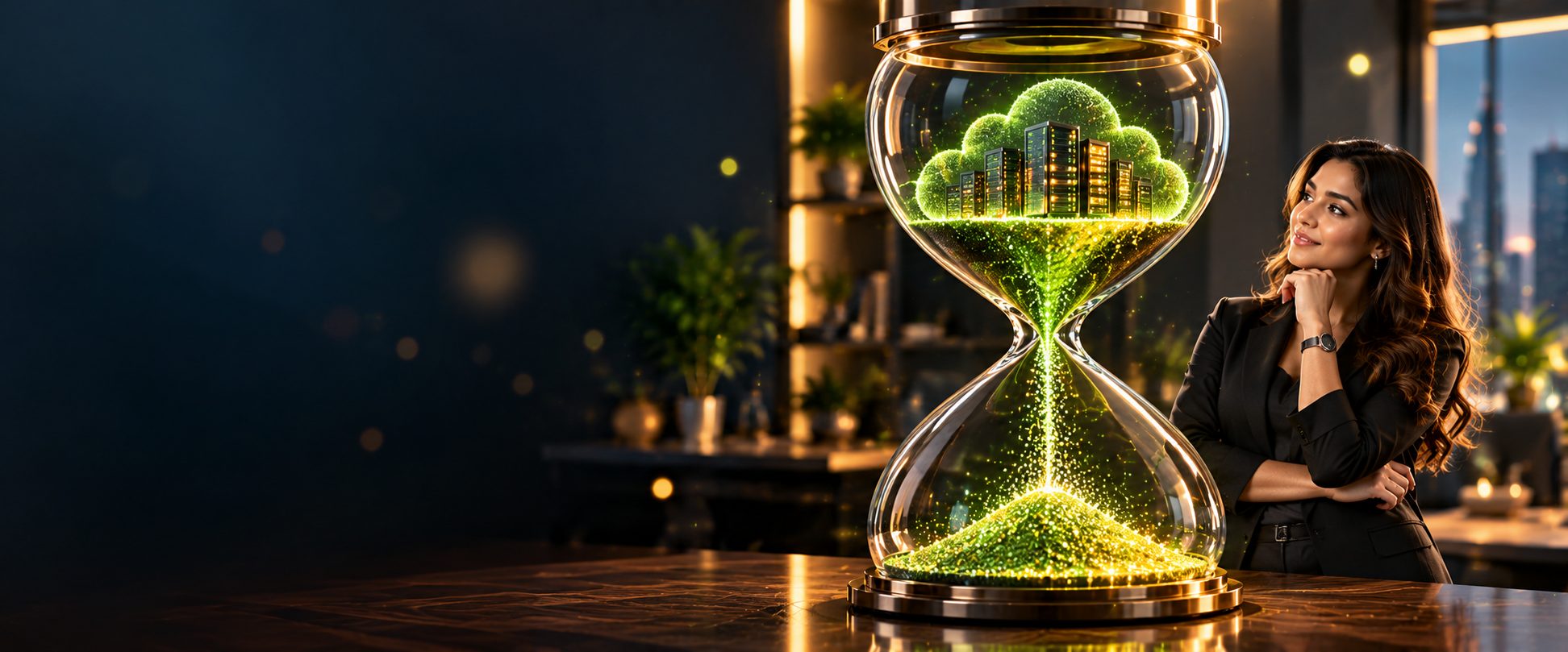 Hourglass with a glowing cloud of servers, and a woman looking at it