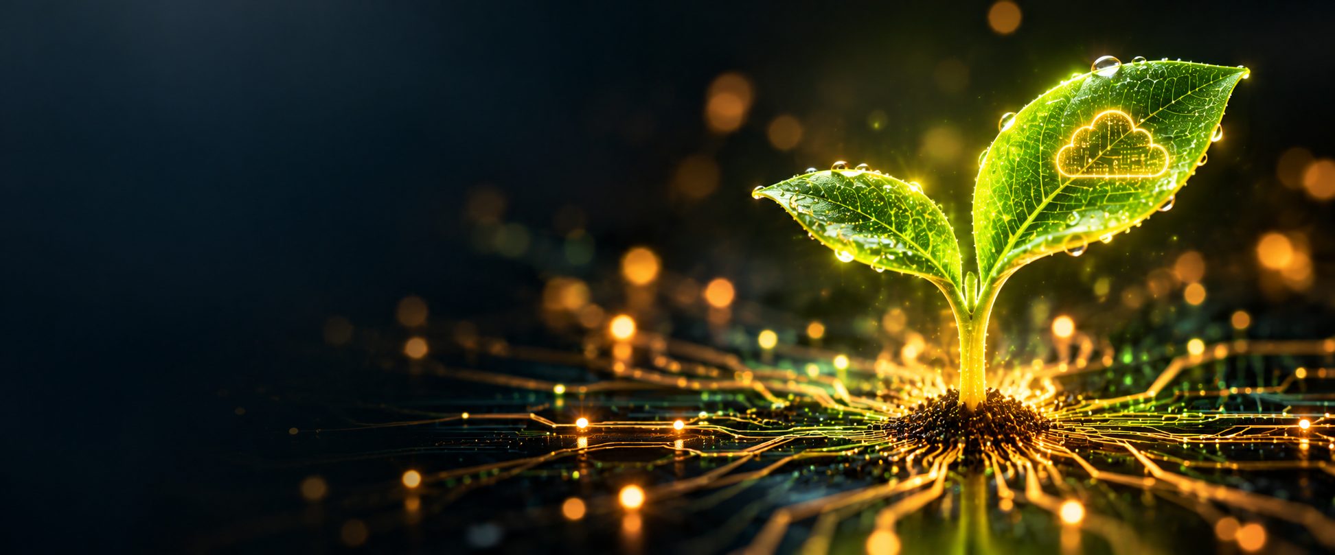 Glowing seedling with a cloud icon growing from a circuit board