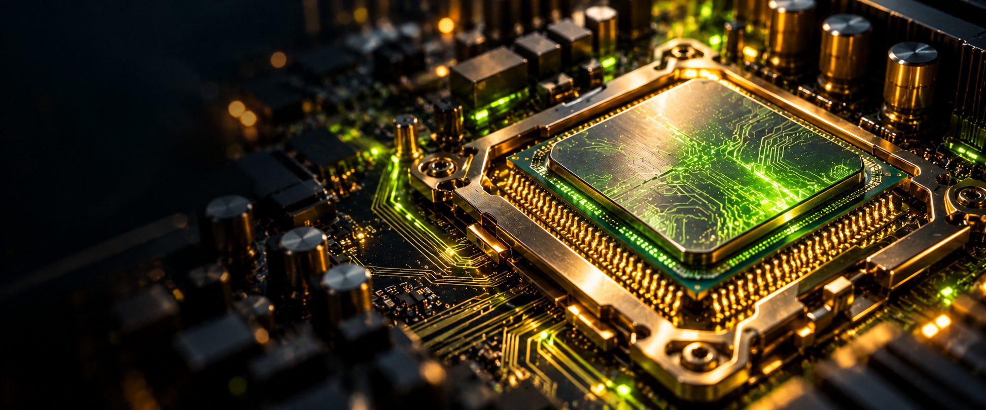 Close-up of a server processor glowing green on a motherboard