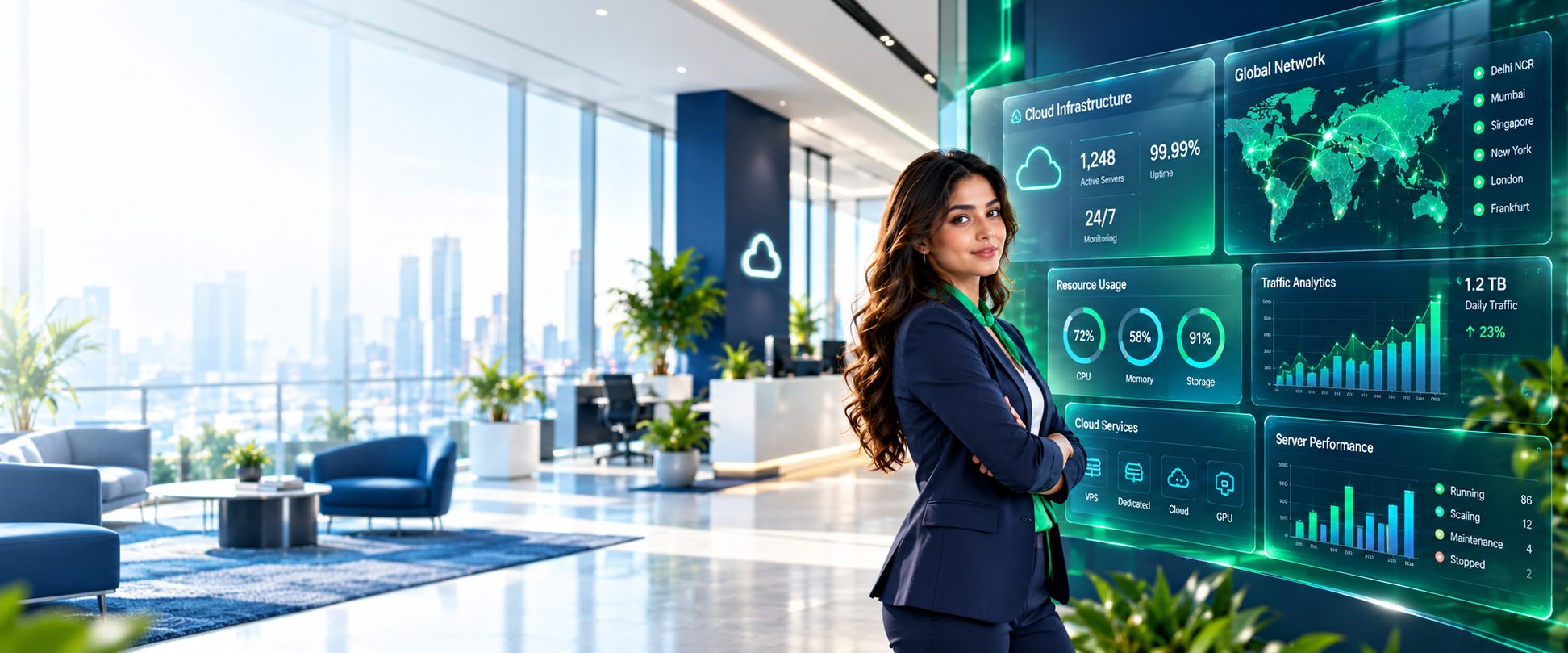 Professional standing beside a wall of cloud infrastructure dashboards