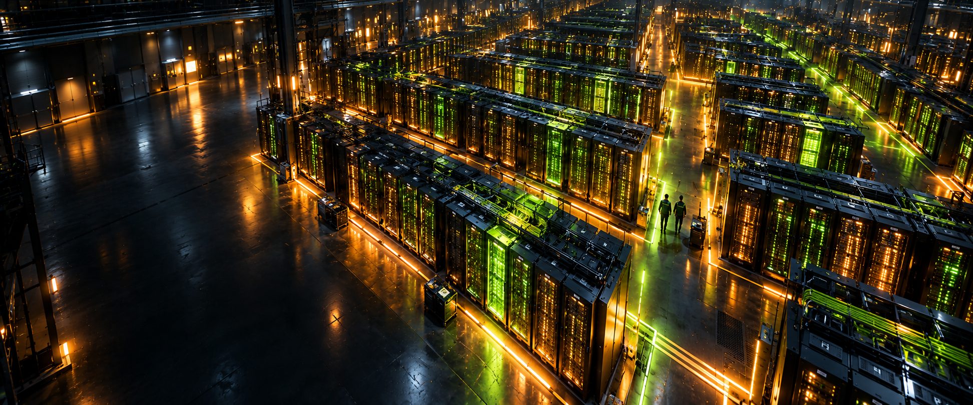Rows of glowing server racks in a large data centre